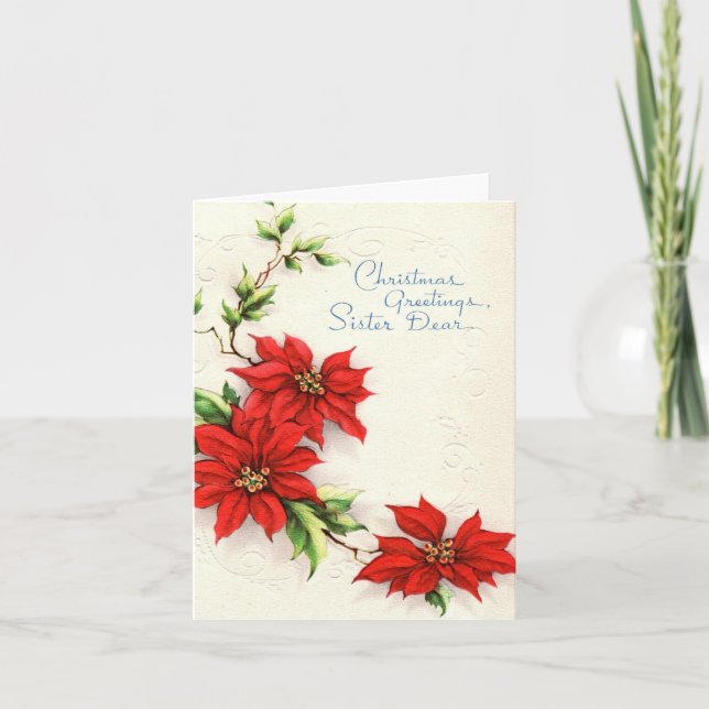 Vintage Poinsettia für Schwester Weihnachtskarte Karte (Vorderseite)