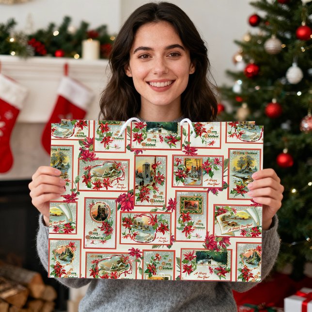 Vintage Poinsettia Weihnachtskarte Große Geschenktüte (Von Creator hochgeladen)