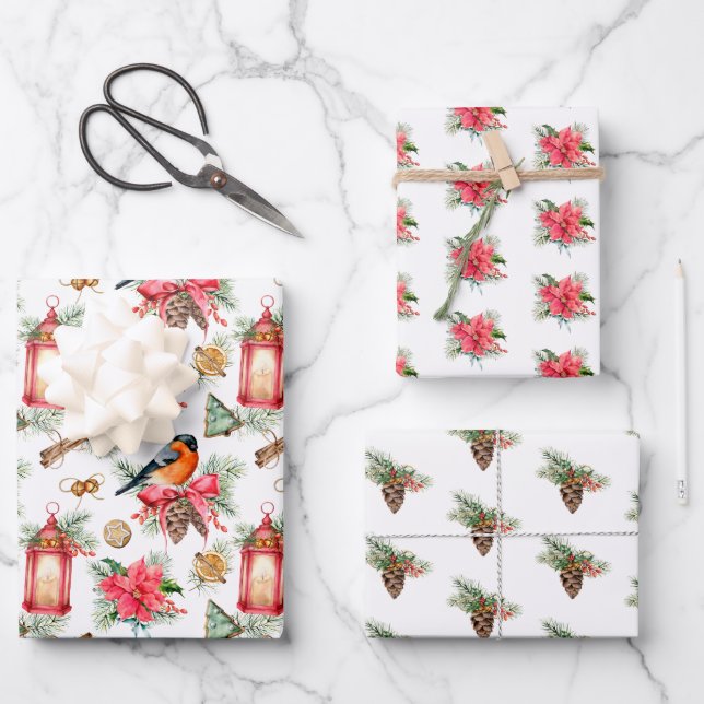Vintage Poinsettien, Vögel und Pinecones Geschenkpapier Set (Vorderseite)