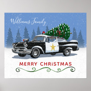 Vintage Police Car Merry Christmas Monogram Name Poster