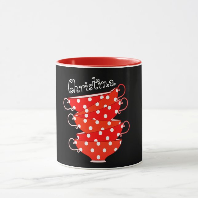 Vintage Polka Dot Teacup Kitscha, schwarz Tasse (Zentrum)