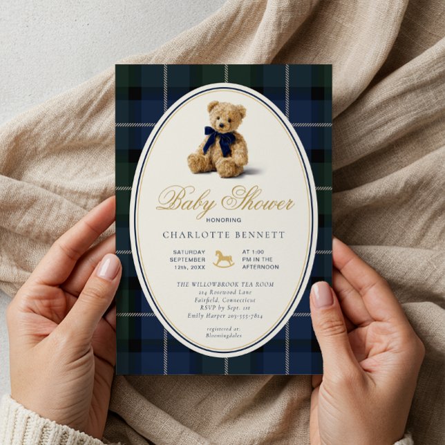 Vintage Polo Teddy Bear Plaid Baby Shower Einladung (Timeless Baby Shower Invitation)