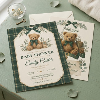 Vintage-Polo-Teddybär-grün-kariert-Baby-Party Einladung