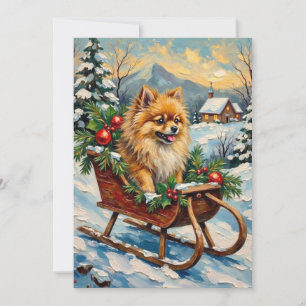 Vintage-Pomeranian in hölzernem Weihnachtsschlitte Feiertagskarte