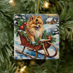 Vintage-Pomeranian in hölzernem Weihnachtsschlitte Keramikornament