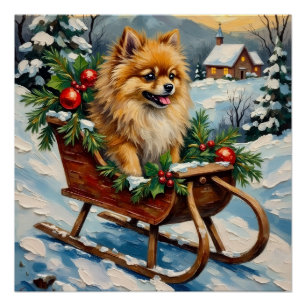 Vintage-Pomeranian in hölzernem Weihnachtsschlitte Poster