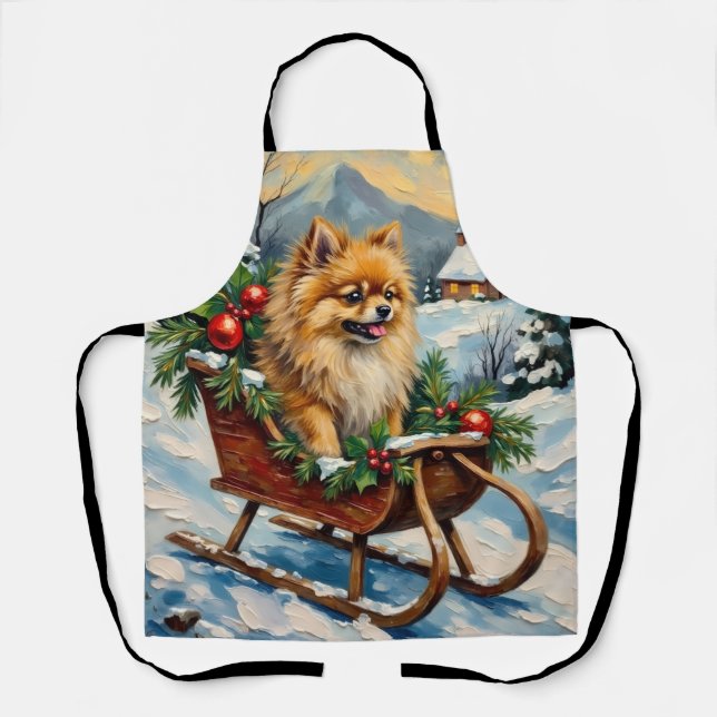 Vintage Pomeranian in Wooden Christmas Sleigh Schürze (Vorderseite)