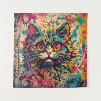 Vintage Pop-Art, Louis Wain Stil, schöne Katze Wandteppich