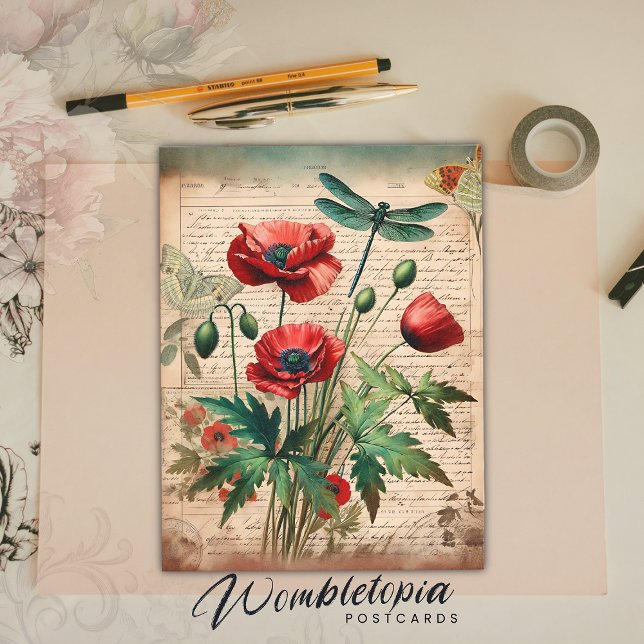 Vintage Poppies & Dragonfly Botanische Ephemera Postkarte (Von Creator hochgeladen)