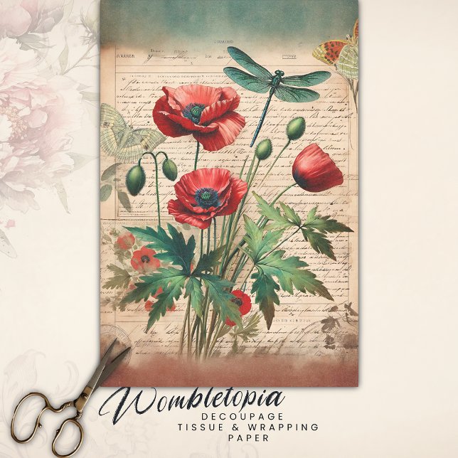 Vintage Poppies & Dragonfly Botanische Ephemera Seidenpapier (Von Creator hochgeladen)