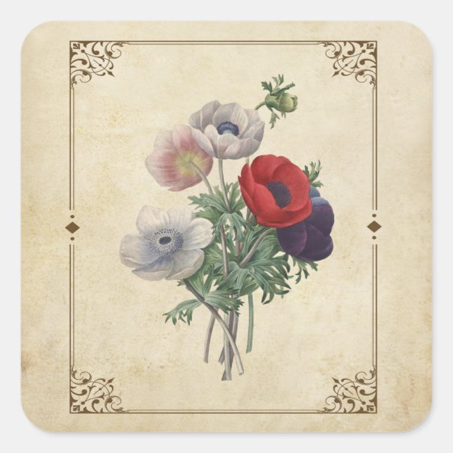 Vintage Poppies florales Scrapbook Verschönerung Quadratischer Aufkleber (Vorderseite)