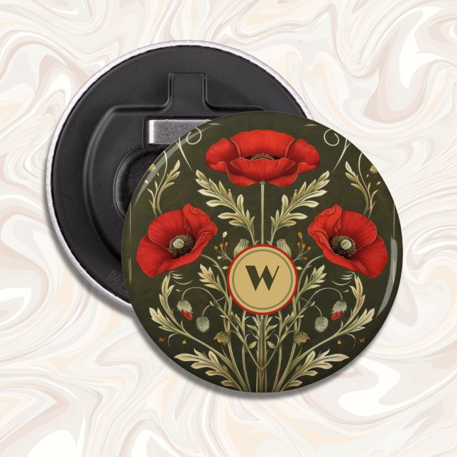 Vintage Poppies Gold Red Art Nouveau Monogram Flaschenöffner (Von Creator hochgeladen)