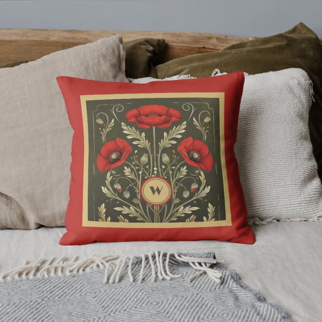 Vintage Poppies Gold Red Art Nouveau Monogram Kissen (Von Creator hochgeladen)