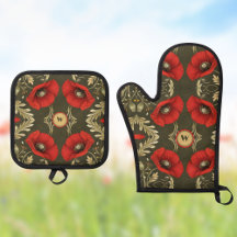 Vintage Poppies Gold Red Art Nouveau Monogram