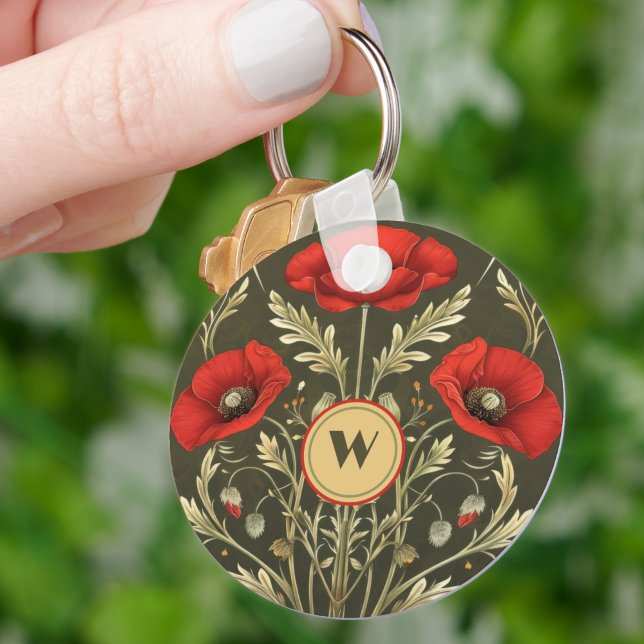 Vintage Poppies Gold Red Art Nouveau Monogram Schlüsselanhänger (Von Creator hochgeladen)