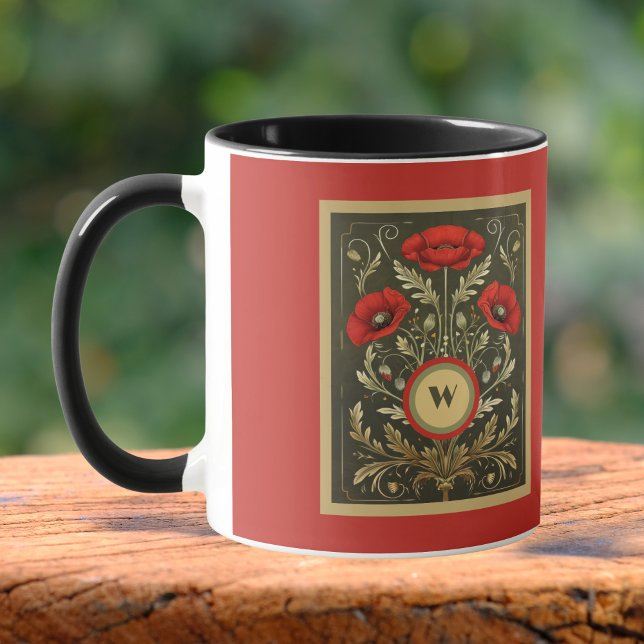 Vintage Poppies Gold Red Art Nouveau Monogram Tasse (Von Creator hochgeladen)