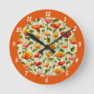 Vintage Poppy Flowers Orange Red Floral Pattern Runde Wanduhr