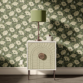 Vintage Poppy in cream sage olive green Tapete