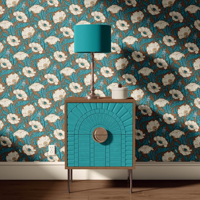 Vintage Poppy in cream teal blue rust Tapete (Von Creator hochgeladen)