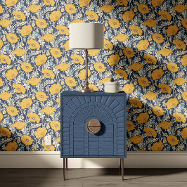 Vintage Poppy in yellow cream beige navy blue Tapete