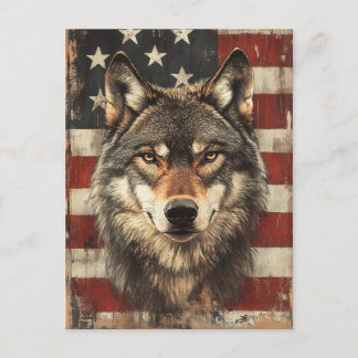Vintage Portrait Wolf Mit Amerikanischer Flagge Postkarte
