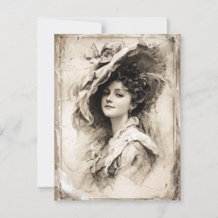 Vintage Porträt einer Dame mit elegantem Hut Postkarte
