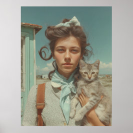 Vintage-Porträt eines Mädchens mit Kätzchen Poster