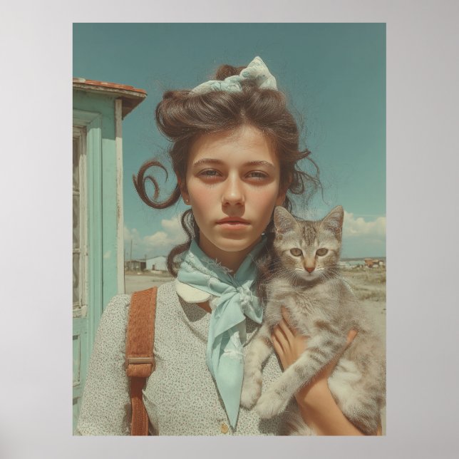 Vintage-Porträt eines Mädchens mit Kätzchen Poster (Vorne)