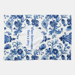 Vintage portugiesische blaue Blumenfliese Geschirrtuch
