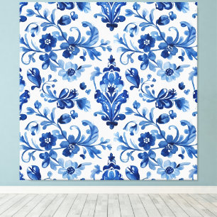 Vintage portugiesische blaue Blumenfliese Leinwanddruck