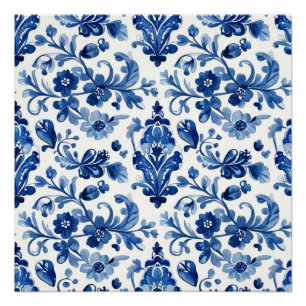 Vintage portugiesische blaue Blumenfliese Poster