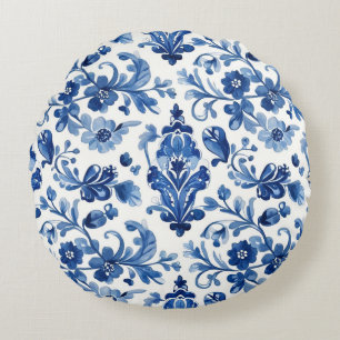 Vintage portugiesische blaue Blumenfliese Rundes Kissen