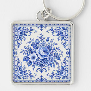 Vintage Porzellan Eleganz Blaue Blumen Schlüsselanhänger