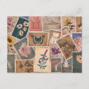 Vintage-Postblumen und Natur-Briefmarken Collage Postkarte