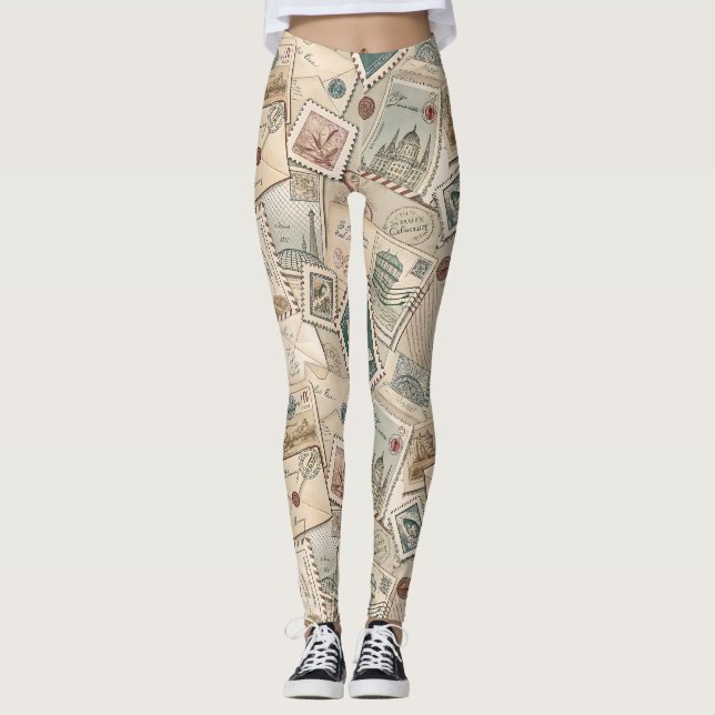 Vintage-Postbriefmarken Leggings (Vorderseite)