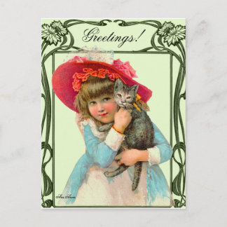VINTAGE POSTCARD KIND ROTES HAT UND KATZE NACH ARA POSTKARTE
