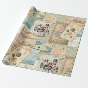 Vintage Postcard Seaside Beach Collage Geschenkpapier
