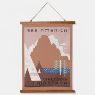 Vintage Poster für Reisen nach Montana. 2 Wandteppich Mit Holzrahmen