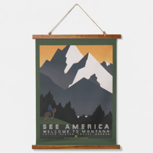 Vintage Poster für Reisen nach Montana. Wandteppich Mit Holzrahmen