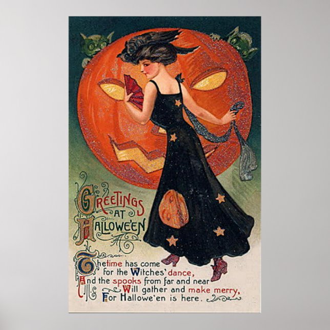 Vintage Poster Halloween Hexe & Pumpkin (Vorne)