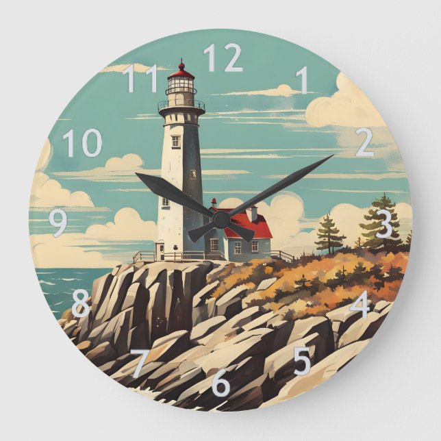 Vintage Poster Lighthouse Große Wanduhr (Vorderseite)