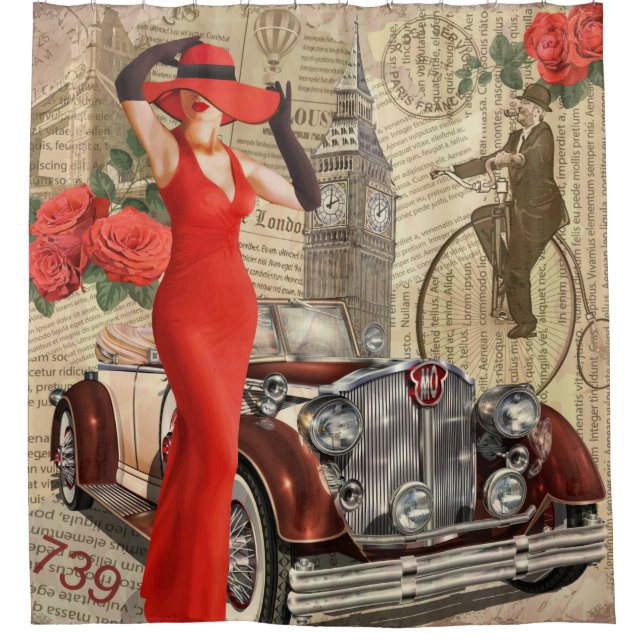 Vintage Poster London riss Zeitungshintergrund. Duschvorhang (Vorderseite)