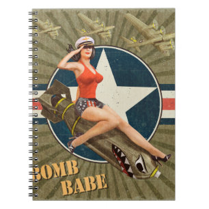 Vintage Poster mit Button-up Girl auf Bombe. abstr Notizblock