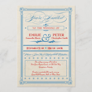 Vintage Poster Rot, Weiß & Blau Hochzeit, RSVP Einladung