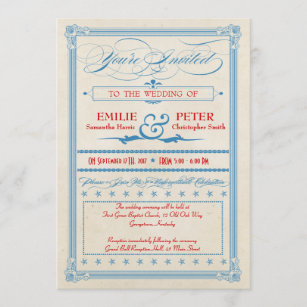 Vintage Poster Rot, Weiß & Blau Hochzeit, UAWG Einladung