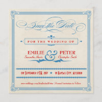 Vintage-Poster Rot, Weiß & Blau Save-the-Date-Kart