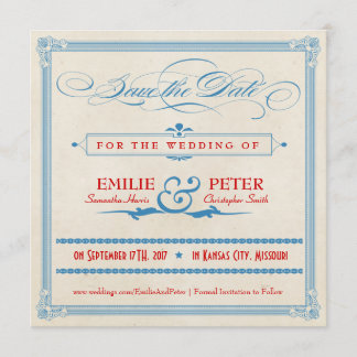 Vintage-Poster Rot, Weiß & Blau Save-the-Date-Kart Save The Date