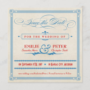 Vintage Poster rot, weiß und blau Save the Date