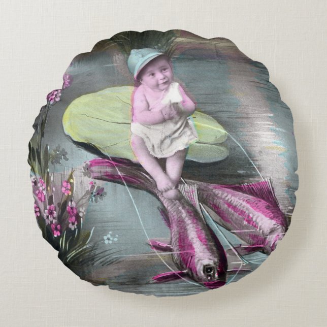 Vintage Postkarte für den französischen April Rundes Kissen (Vorderseite)