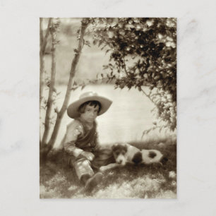Vintage-Postkarte mit einem Jungen und einem Hund Postkarte